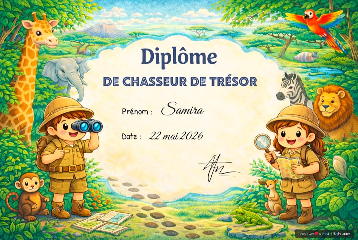 Diplôme d'Explorateur Safari personnalisé au prénom de l'enfant
