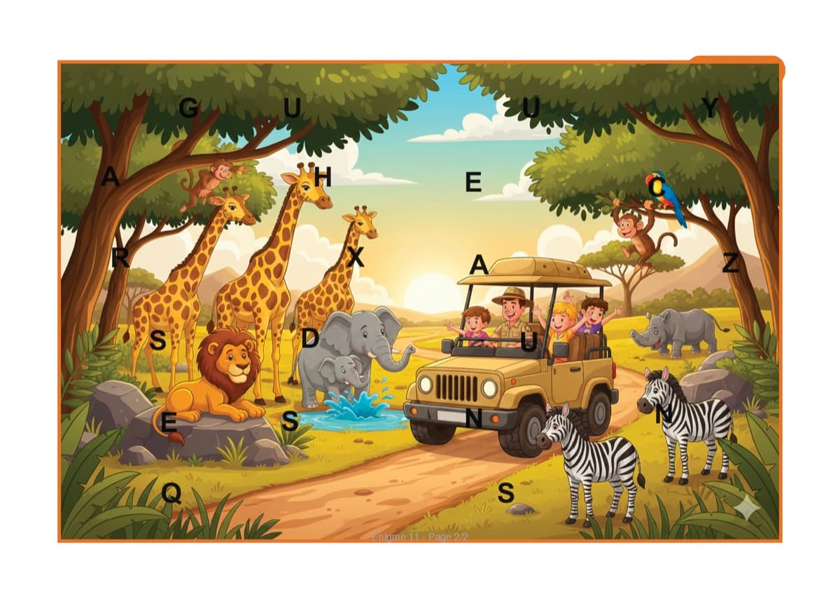 Exemple d'image mystère safari avec lettres cachées dans la savane