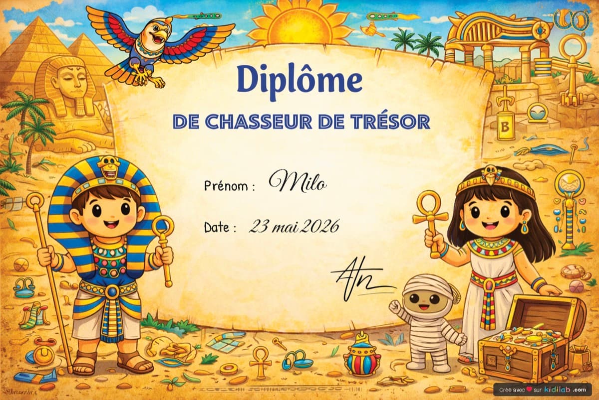 Diplôme d'Explorateur des Pyramides personnalisé au prénom de l'enfant