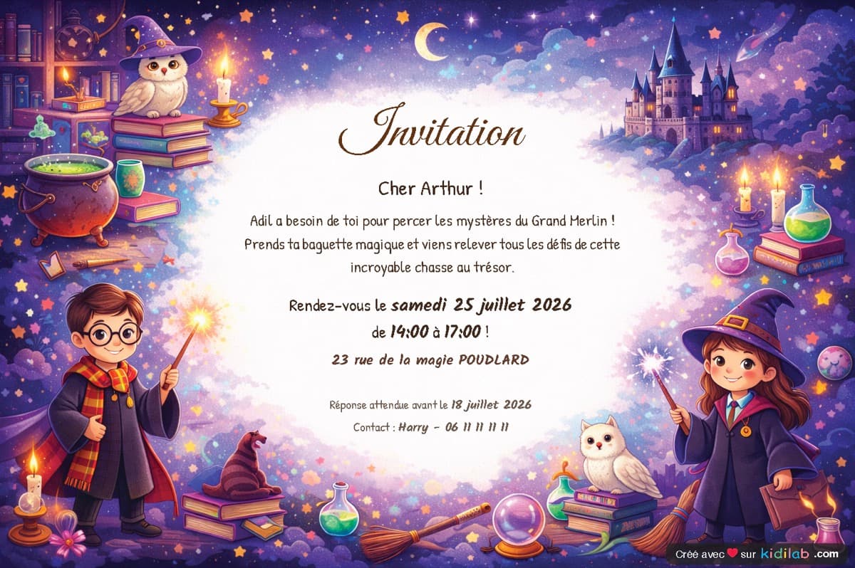 Invitation personnalisée sur le thème Magie et Sorciers