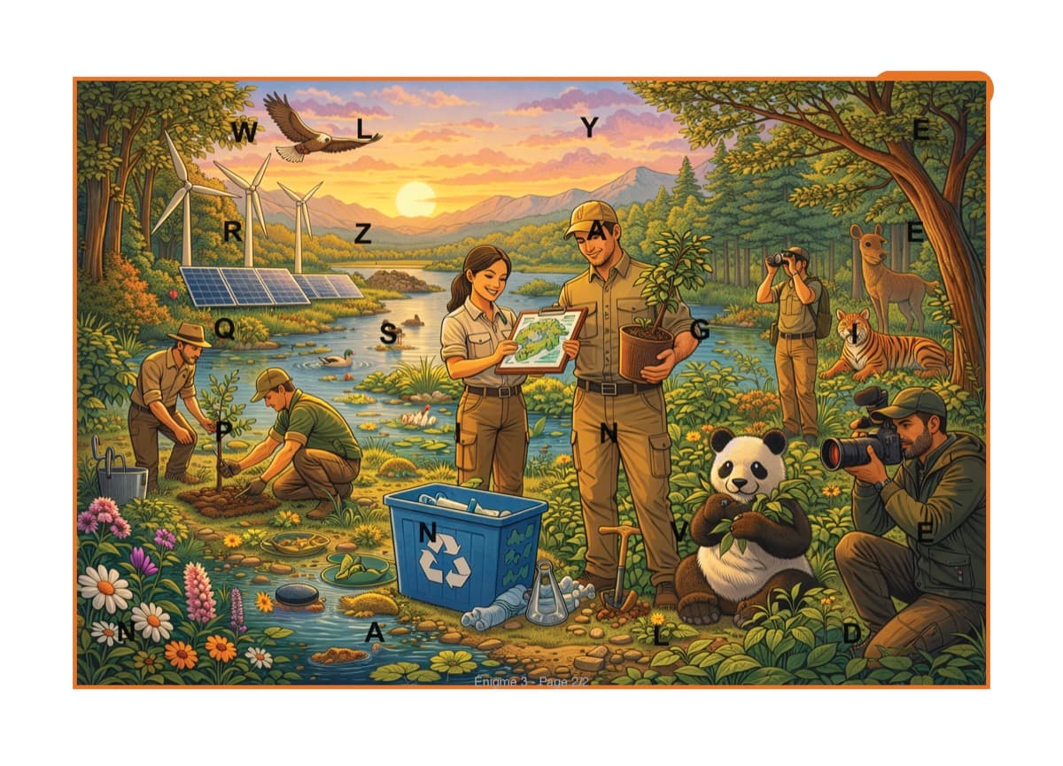 Exemple d'image mystère nature avec lettres cachées dans la forêt