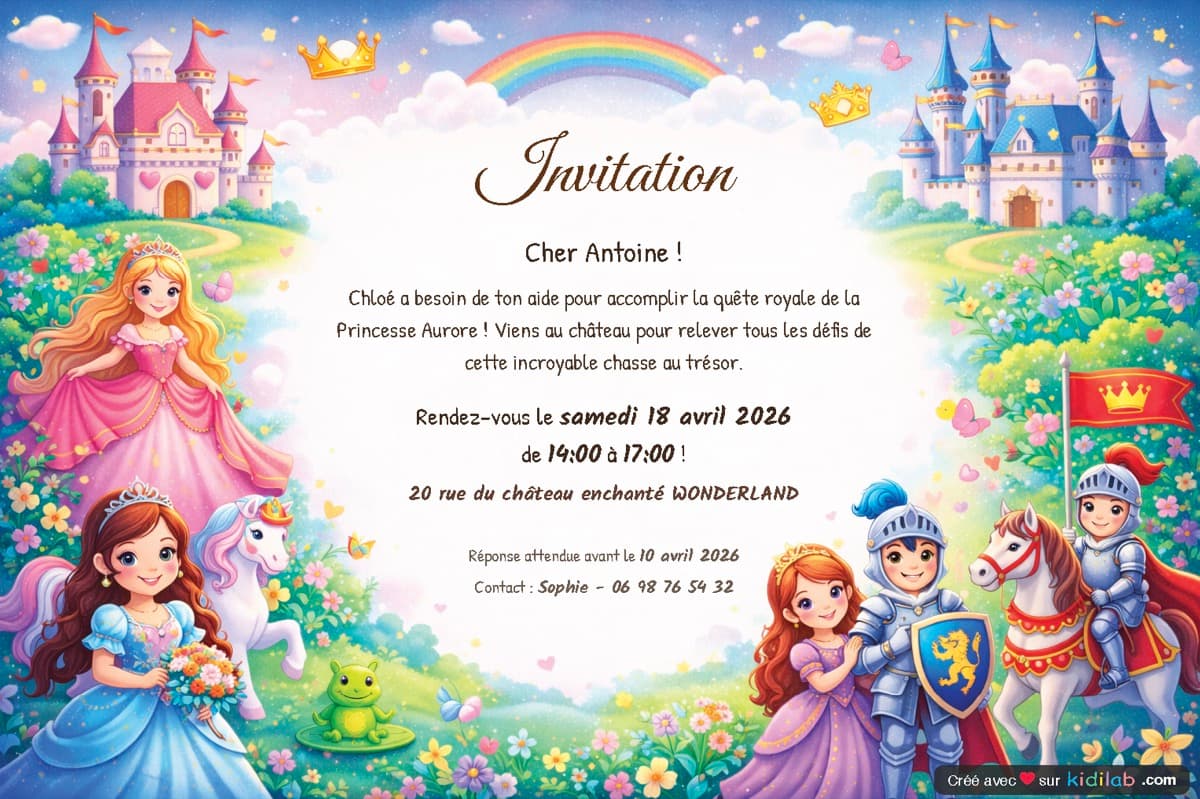 Invitation personnalisée sur le thème Princesses et Chevaliers