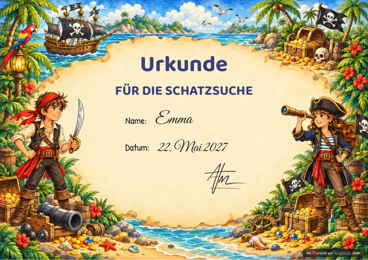 Urkunde der Schatzsuche, Thema Piraten, 10–12 Jahre