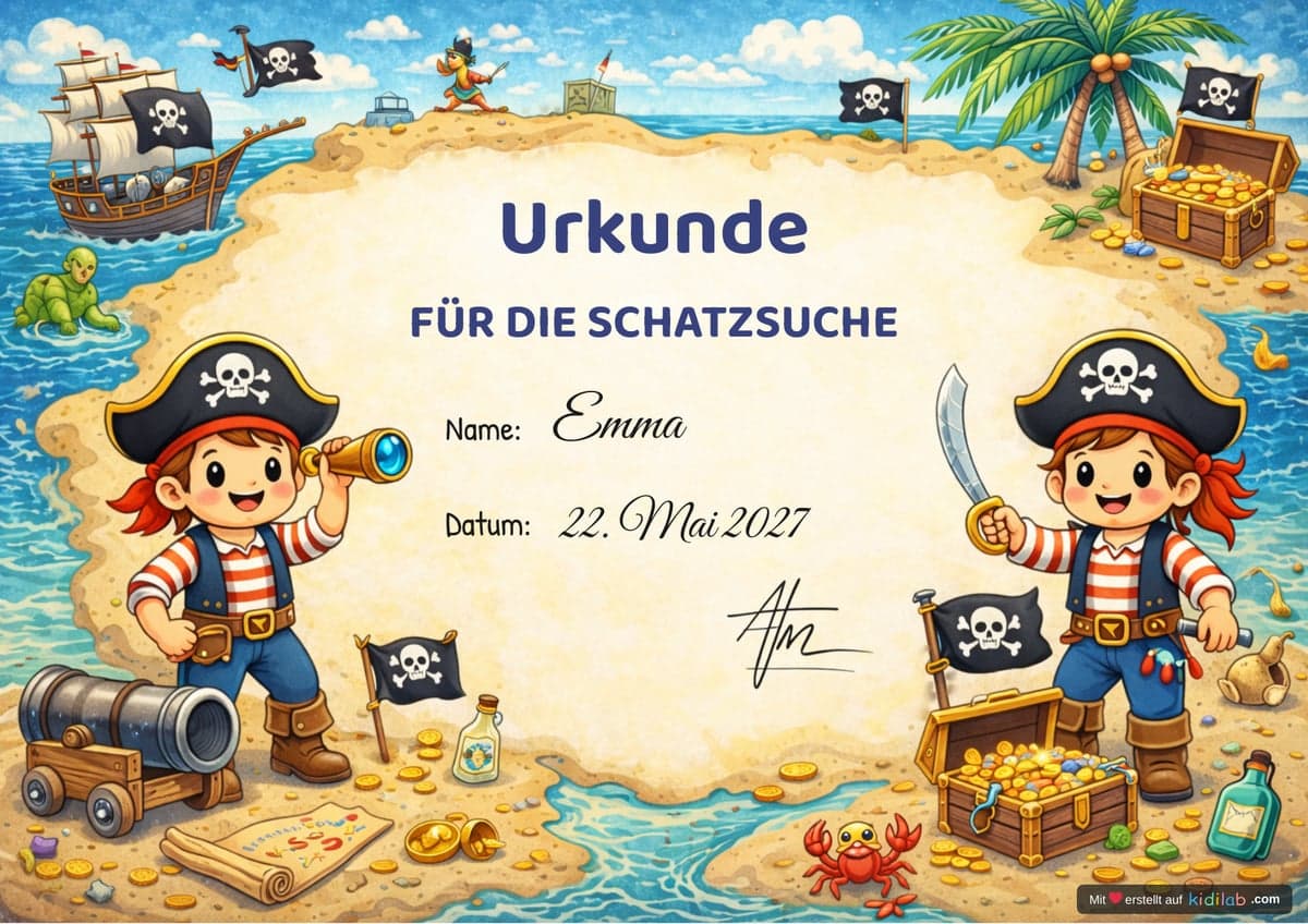 Urkunde der Schatzsuche, Thema Piraten, 4–6 Jahre