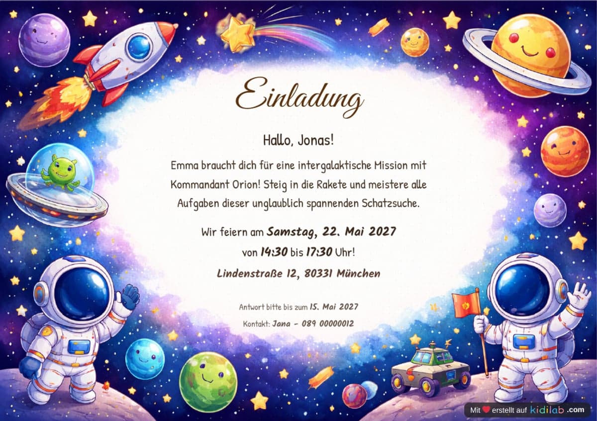 Einladungskarte, Thema Weltraum & Astronauten