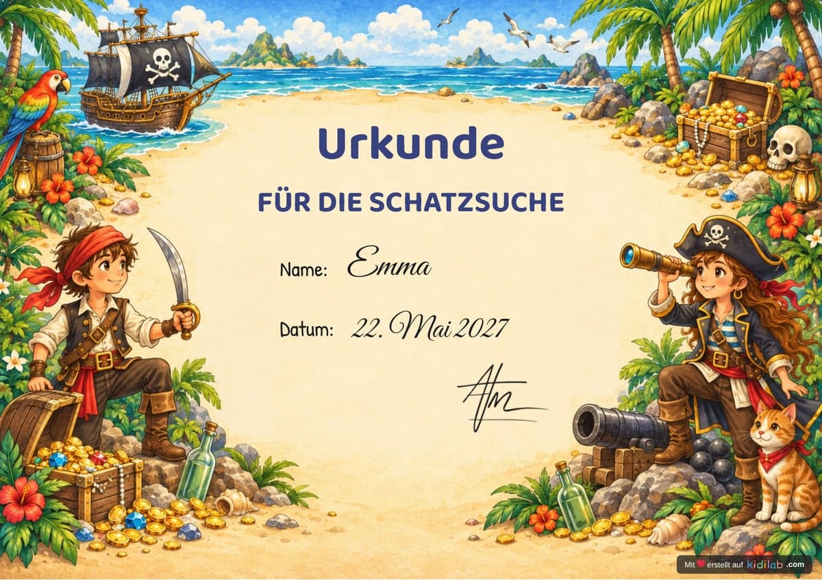 Urkunde der Schatzsuche, Thema Piraten, 7–9 Jahre