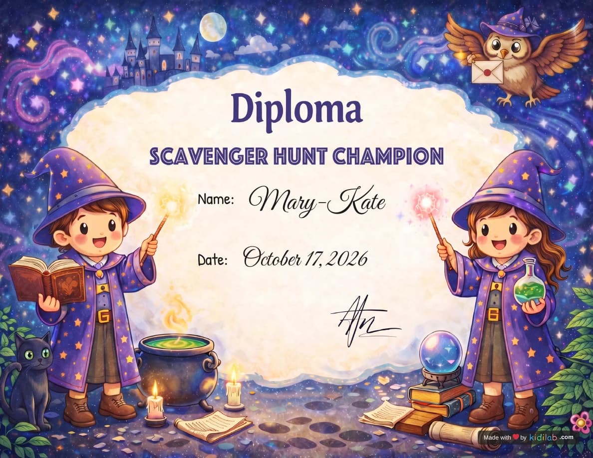 Magic and Wizards diploma personalized with Mary-Kate’s name