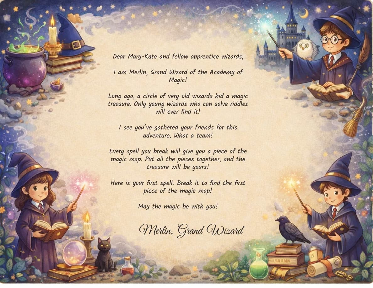 Opening letter from Merlin inviting Mary-Kate on a magical scavenger hunt