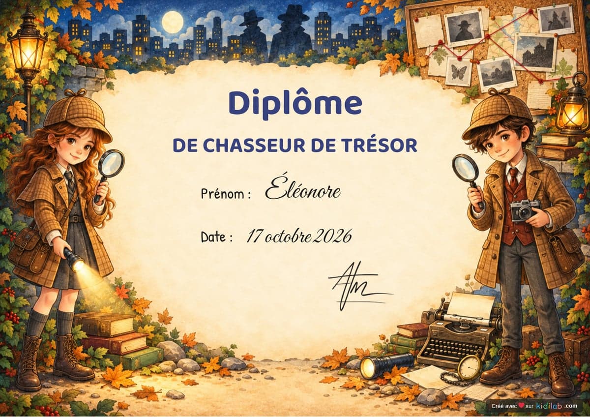 Diplôme de chasseur de trésor, thème Détectives, 10-12 ans
