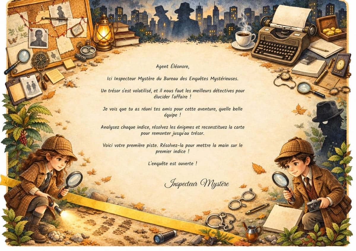 Lettre de mission de la chasse au trésor, thème Détectives, 10-12 ans