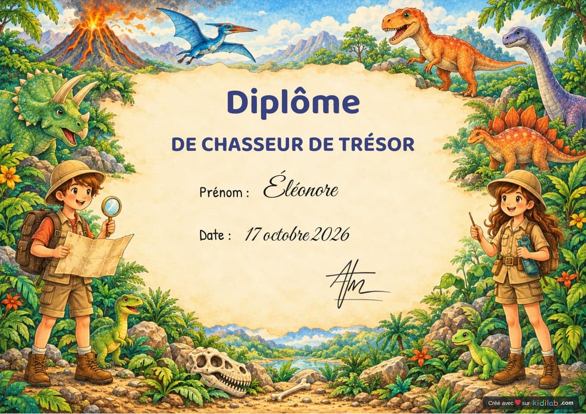 Diplôme de chasseur de trésor, thème Dinosaures, 10-12 ans