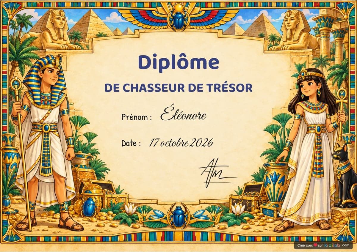 Diplôme chasse au trésor Égypte & Pharaons, 10-12 ans, à imprimer