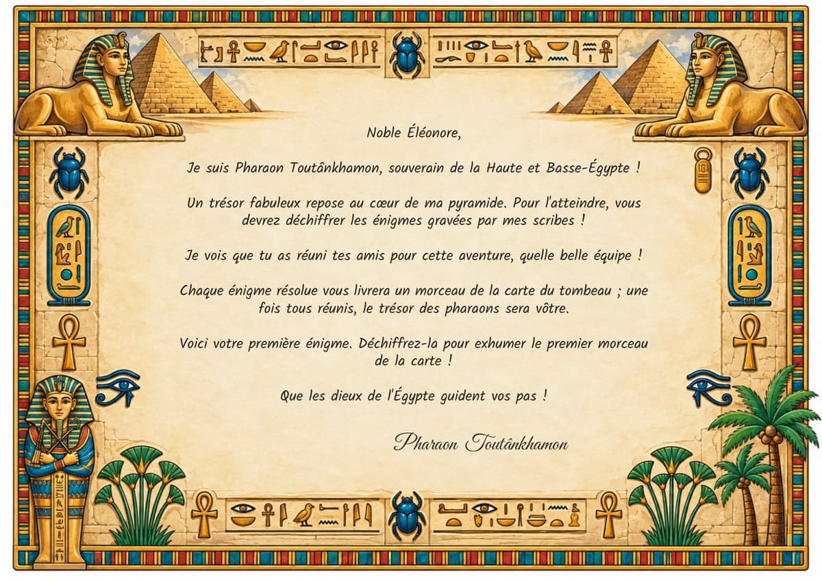 Lettre de mission de la chasse au trésor, thème Égypte & Pharaons, 10-12 ans