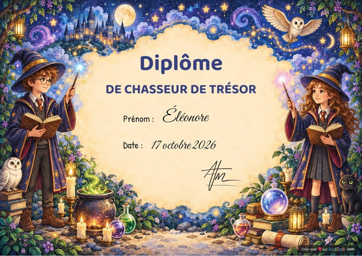 Diplôme de chasseur de trésor, thème Magie & Sorciers, 10-12 ans