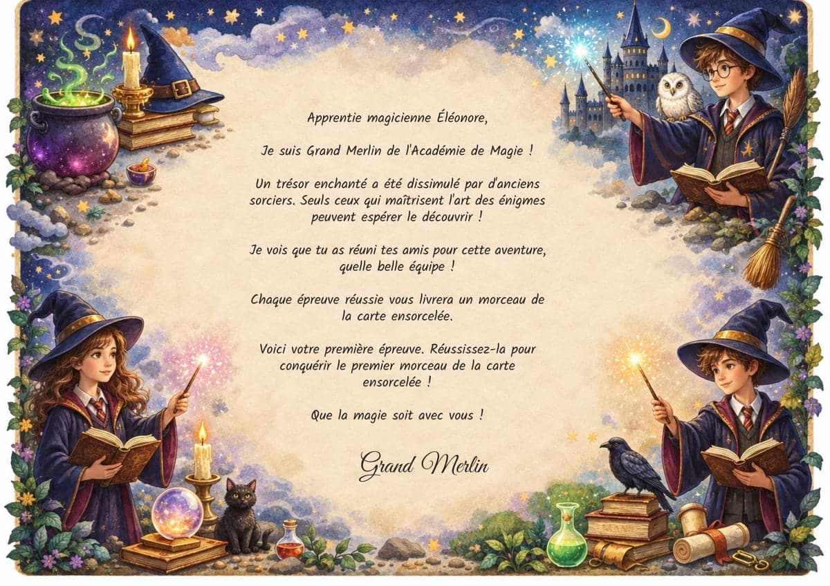Lettre de mission de la chasse au trésor, thème Magie & Sorciers, 10-12 ans