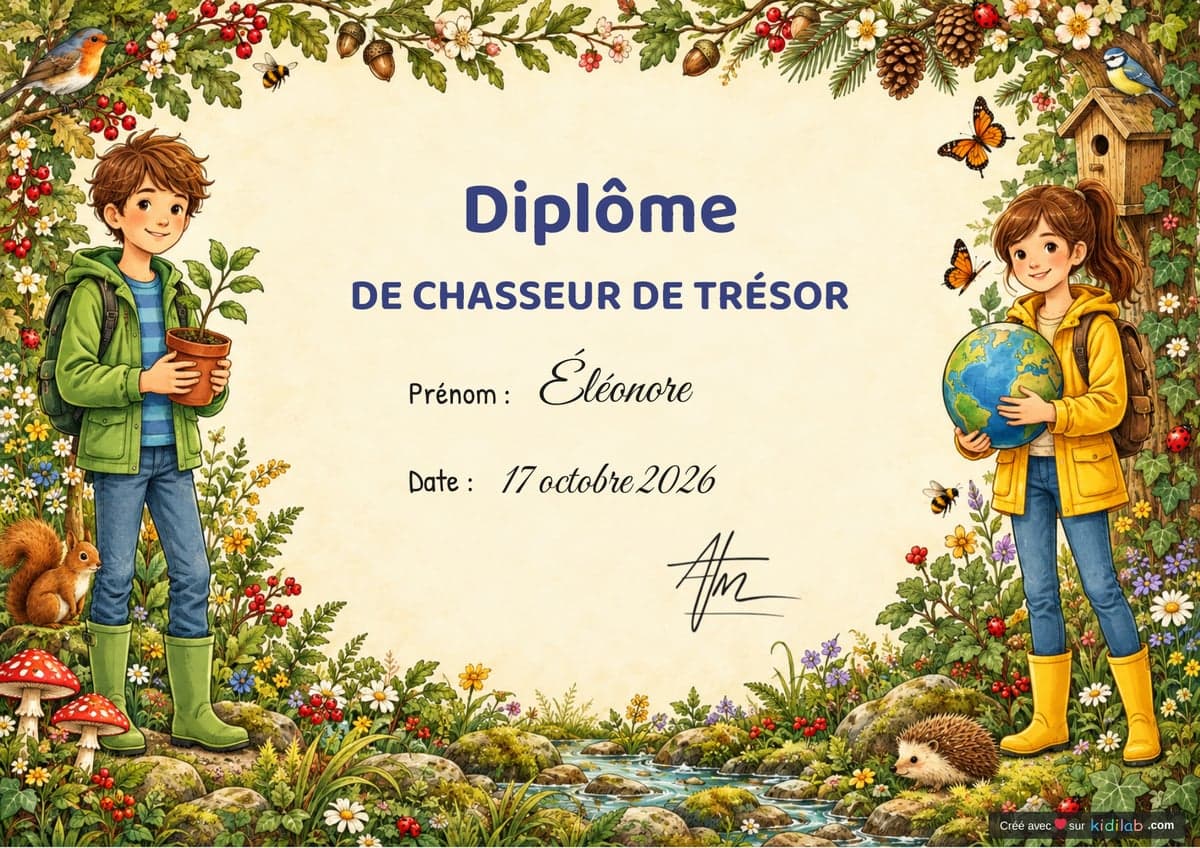 Diplôme chasse au trésor Nature & Écologie, 10-12 ans, à imprimer
