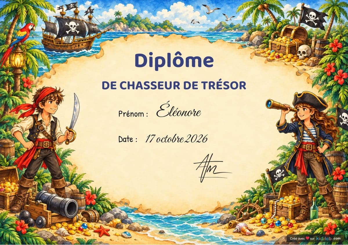 Diplôme de chasseur de trésor, thème Pirates, 10-12 ans