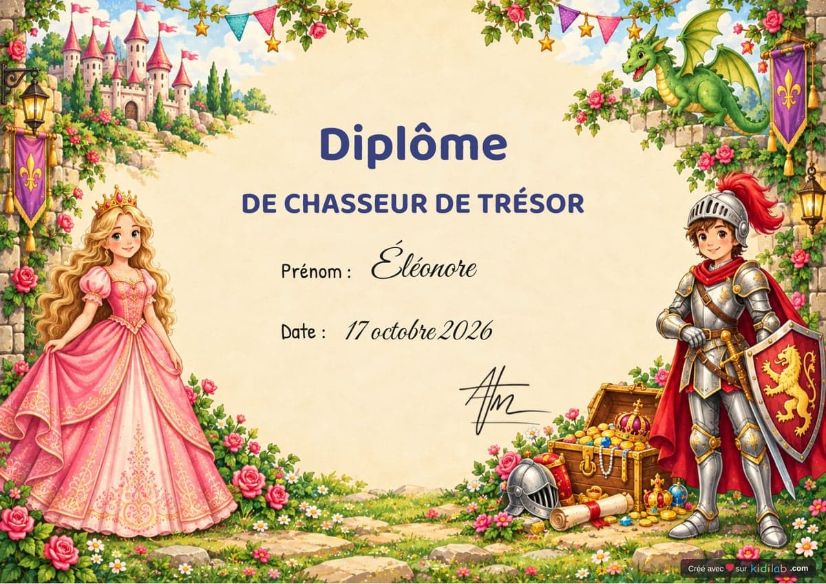 Diplôme de chasseur de trésor, thème Princesses & Chevaliers, 10-12 ans