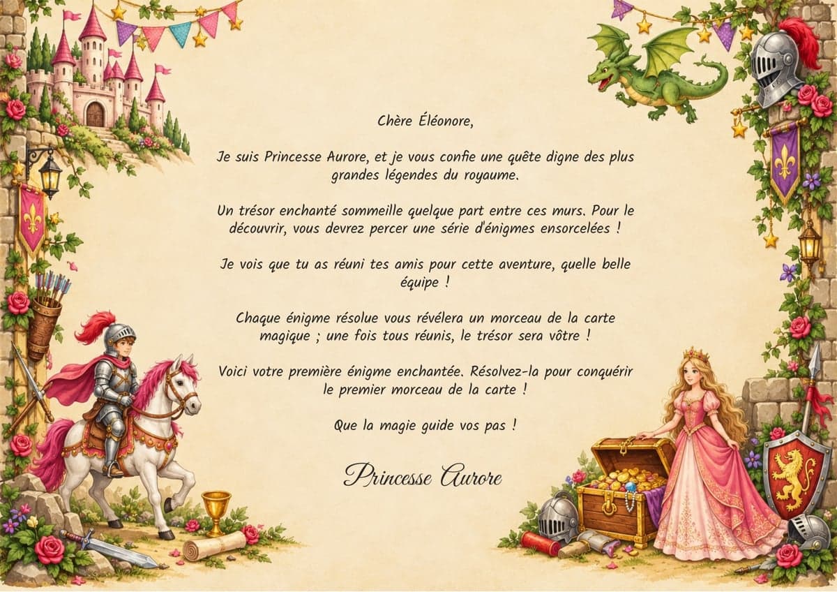 Lettre de mission de la chasse au trésor, thème Princesses & Chevaliers, 10-12 ans