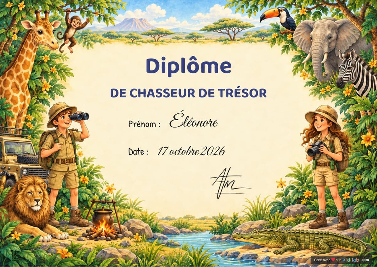 Diplôme de chasseur de trésor, thème Safari Animaux, 10-12 ans