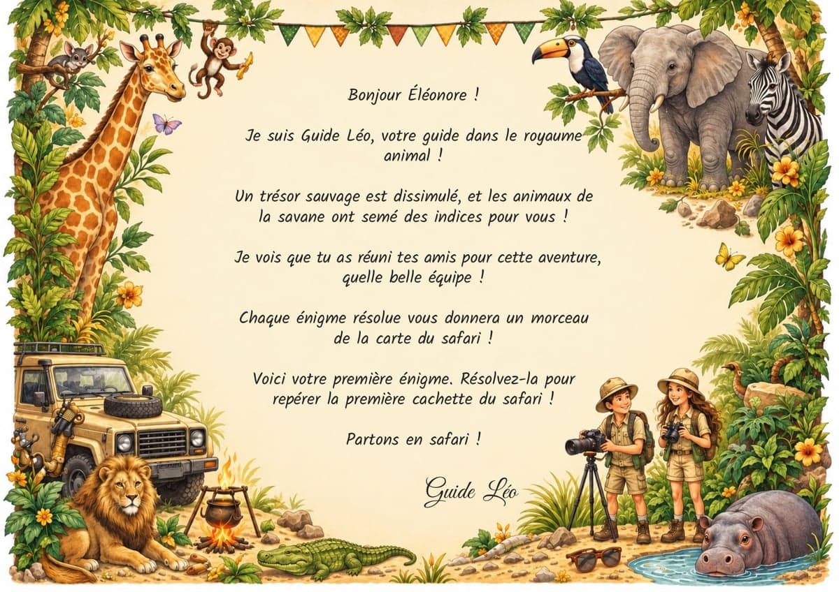 Lettre de mission de la chasse au trésor, thème Safari Animaux, 10-12 ans