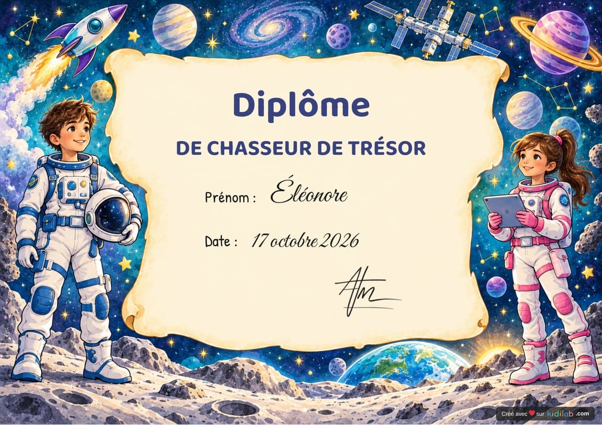 Diplôme de chasseur de trésor, thème Espace & Astronautes, 10-12 ans