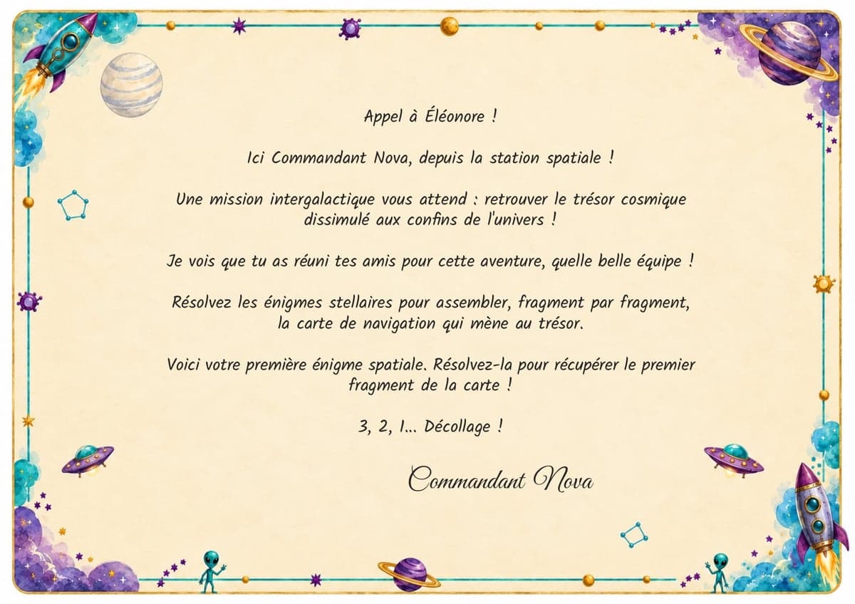 Lettre de mission de la chasse au trésor, thème Espace & Astronautes, 10-12 ans