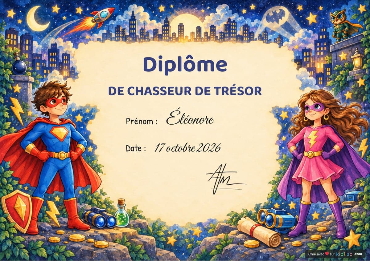 Diplôme de chasseur de trésor, thème Super-Héros, 10-12 ans