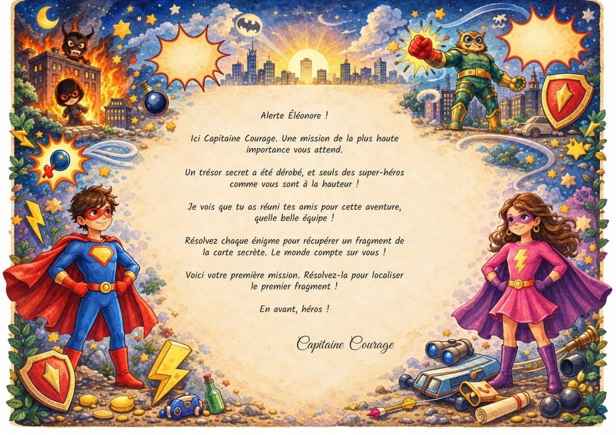 Lettre de mission de la chasse au trésor, thème Super-Héros, 10-12 ans