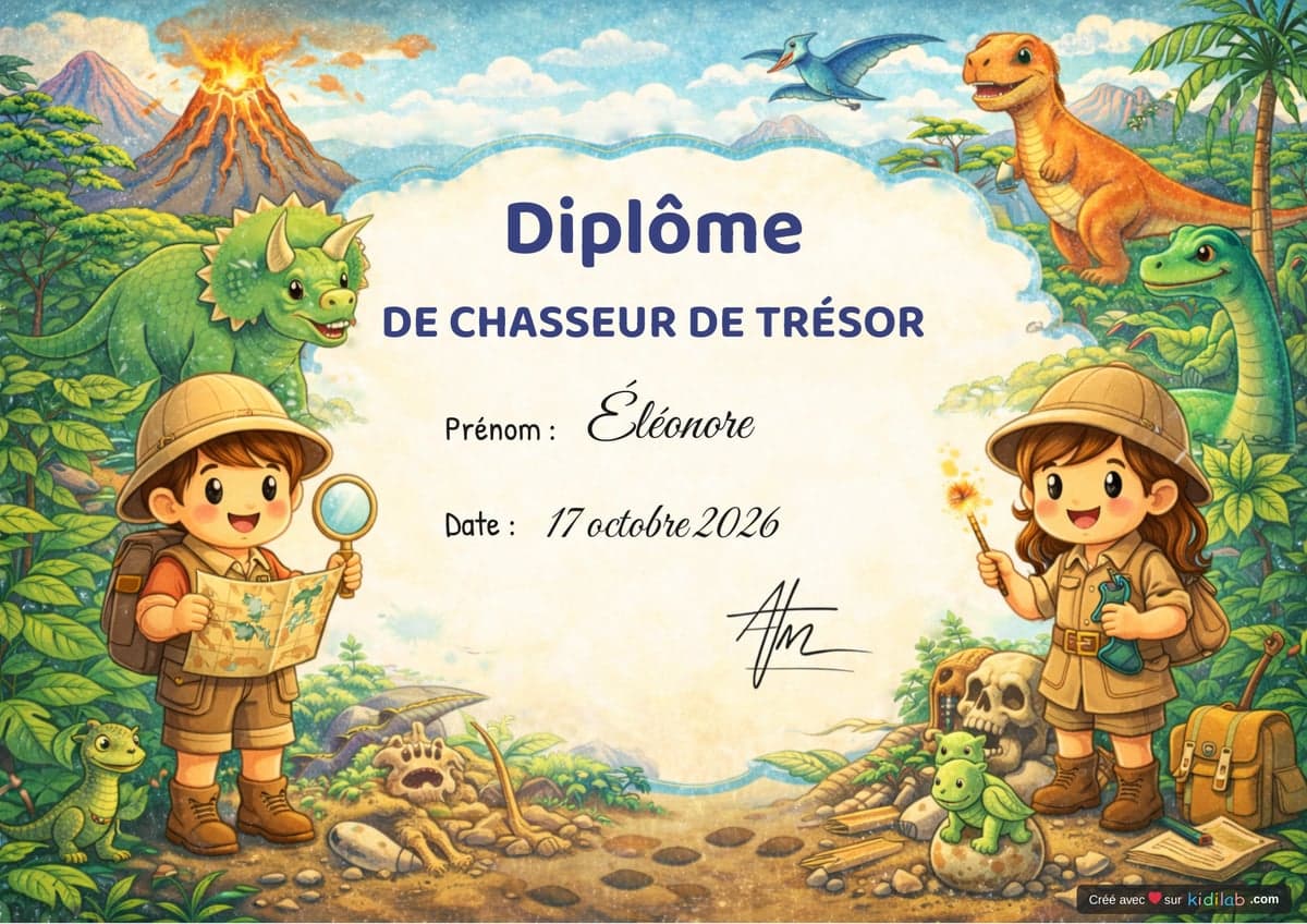 Diplôme de chasseur de trésor, thème Dinosaures, 4-6 ans