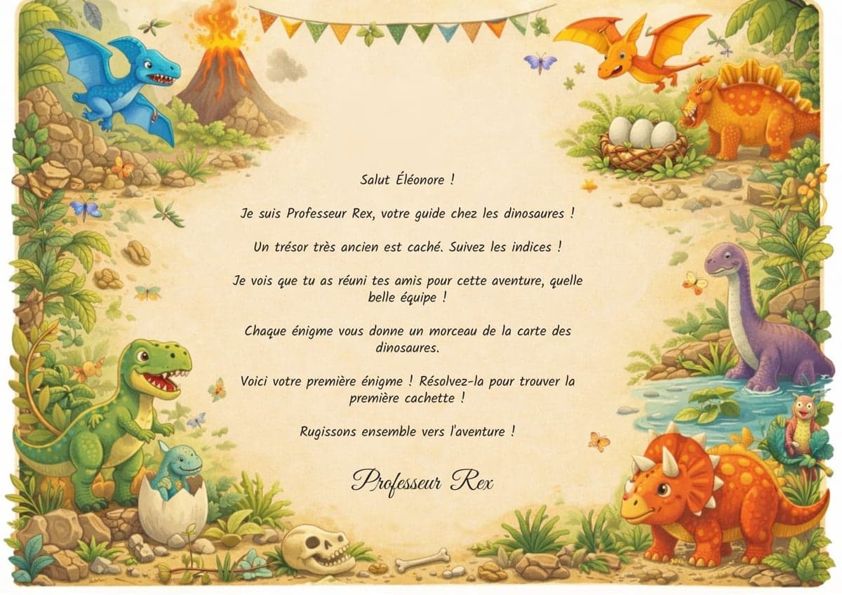 Lettre de mission de la chasse au trésor, thème Dinosaures, 4-6 ans