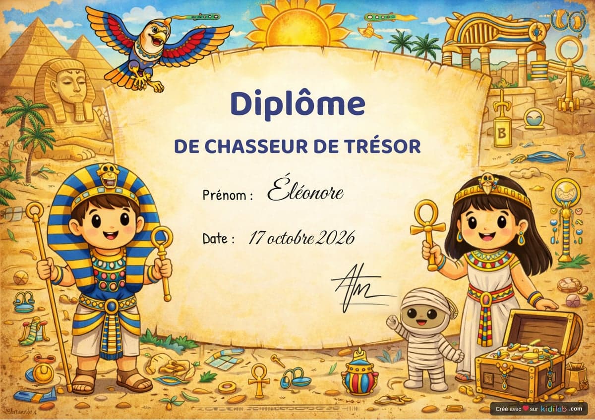 Diplôme chasse au trésor Égypte & Pharaons, 4-6 ans, à imprimer