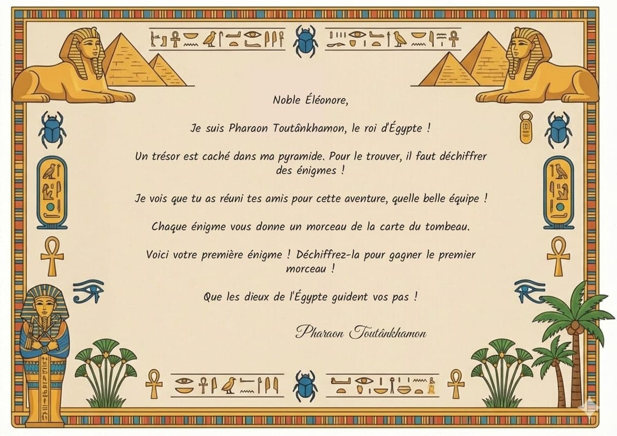 Lettre de mission chasse au trésor Égypte & Pharaons, 4-6 ans, à imprimer