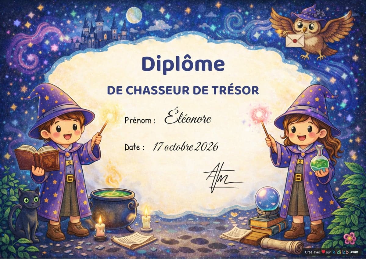 Diplôme de chasseur de trésor, thème Magie & Sorciers, 4-6 ans