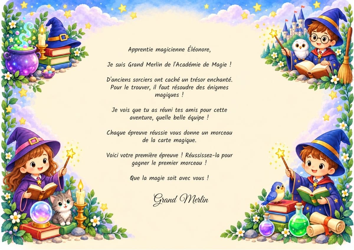Lettre de mission de la chasse au trésor, thème Magie & Sorciers, 4-6 ans