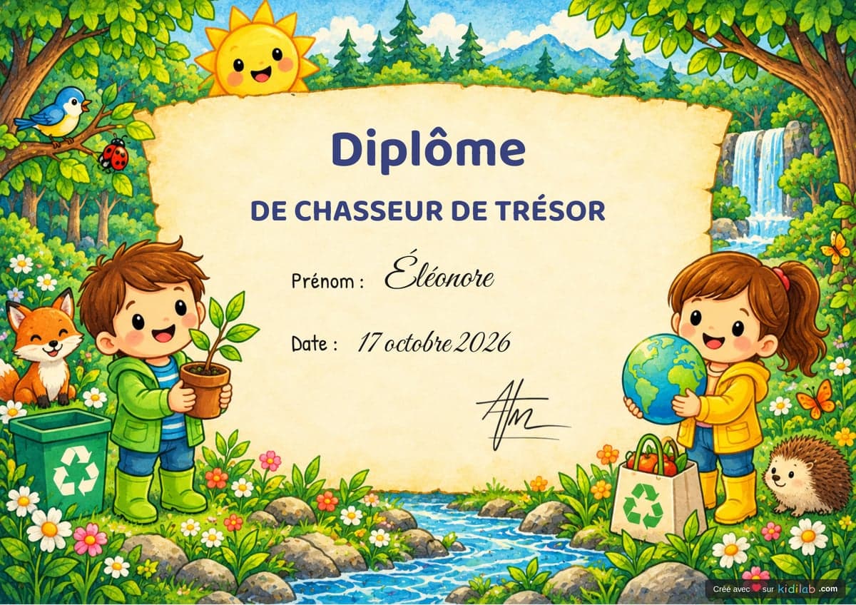 Diplôme de chasseur de trésor, thème Nature & Écologie, 4-6 ans