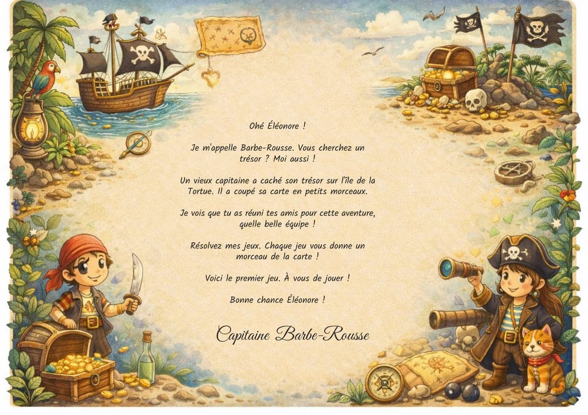Lettre de mission de la chasse au trésor, thème Pirates, 4-6 ans