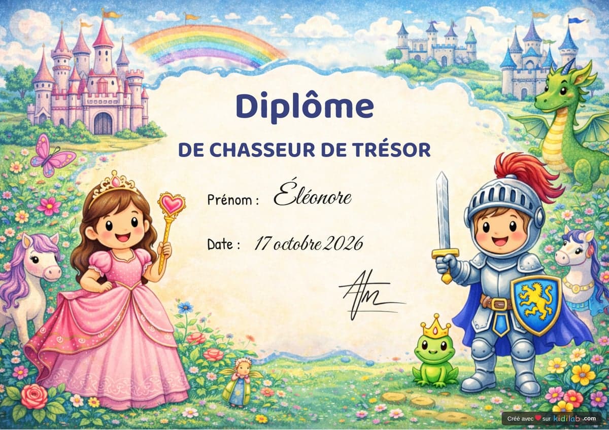 Diplôme de chasseur de trésor, thème Princesses & Chevaliers, 4-6 ans