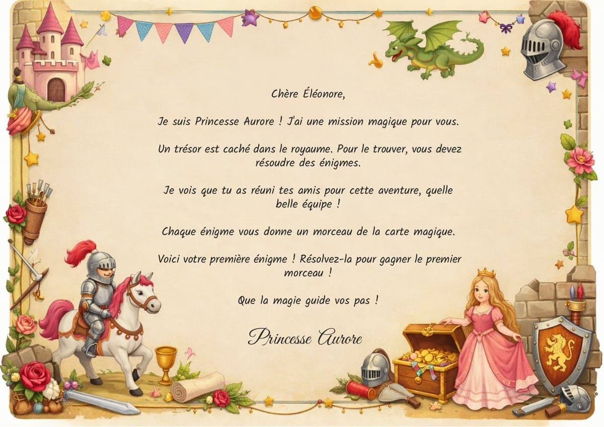 Lettre de mission de la chasse au trésor, thème Princesses & Chevaliers, 4-6 ans