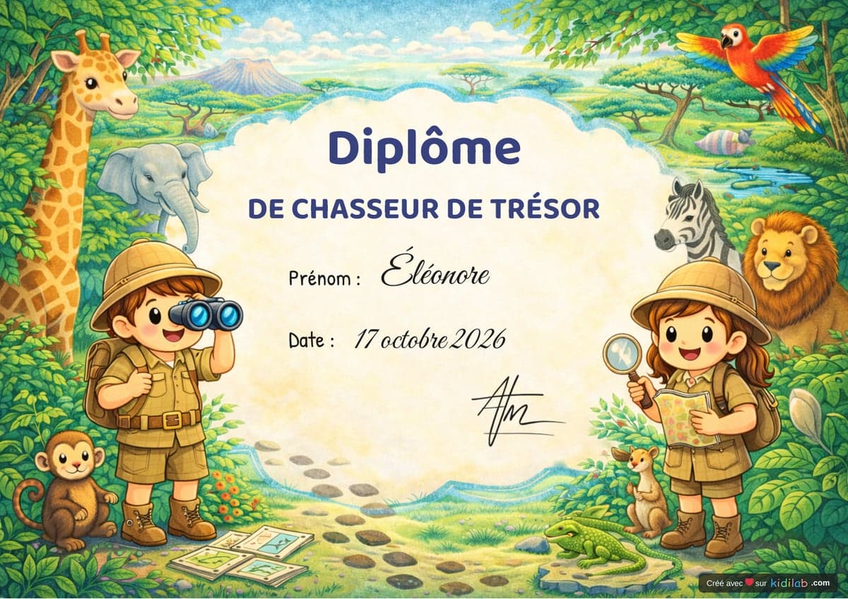 Diplôme de chasseur de trésor, thème Safari Animaux, 4-6 ans