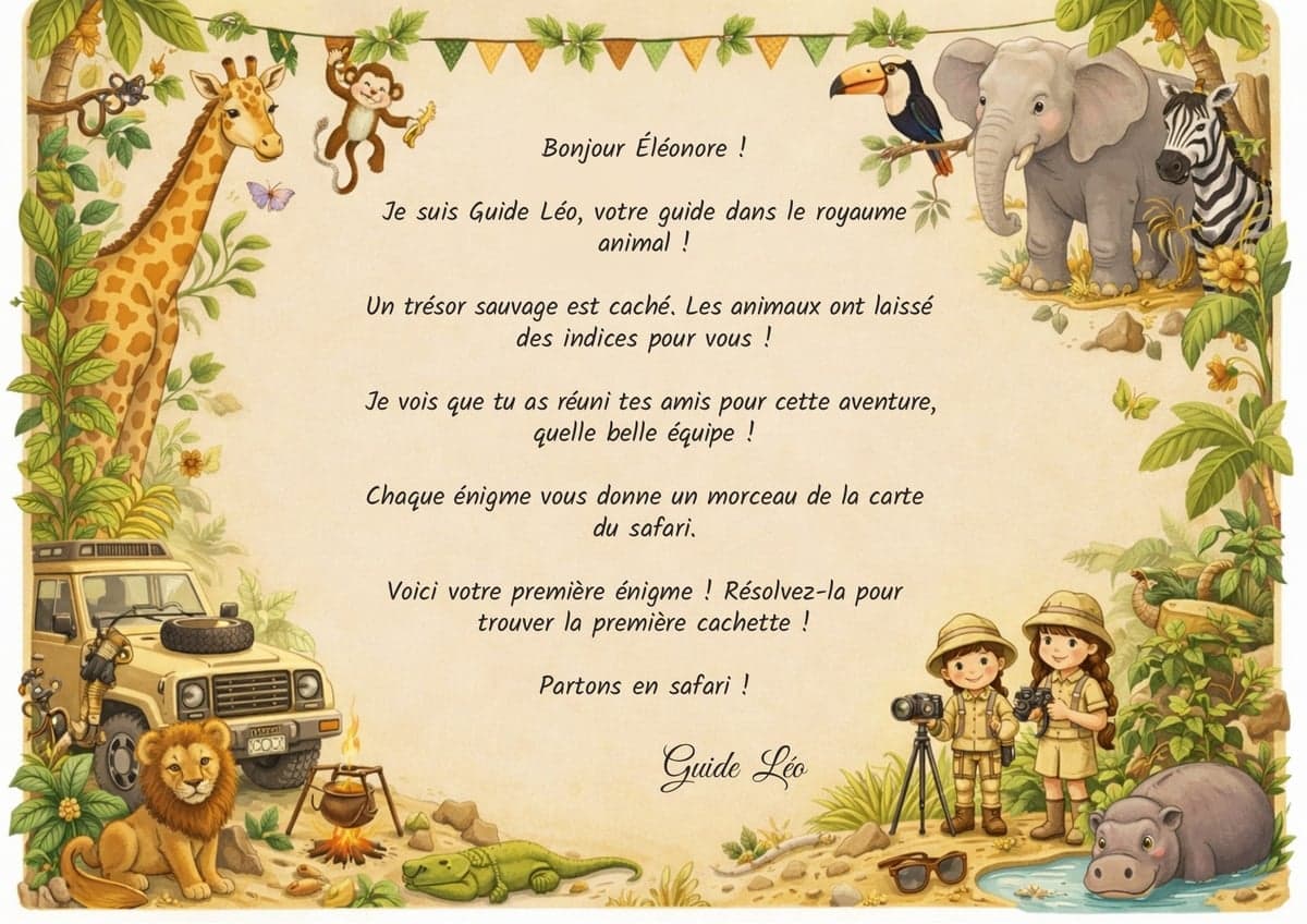 Lettre de mission de la chasse au trésor, thème Safari Animaux, 4-6 ans