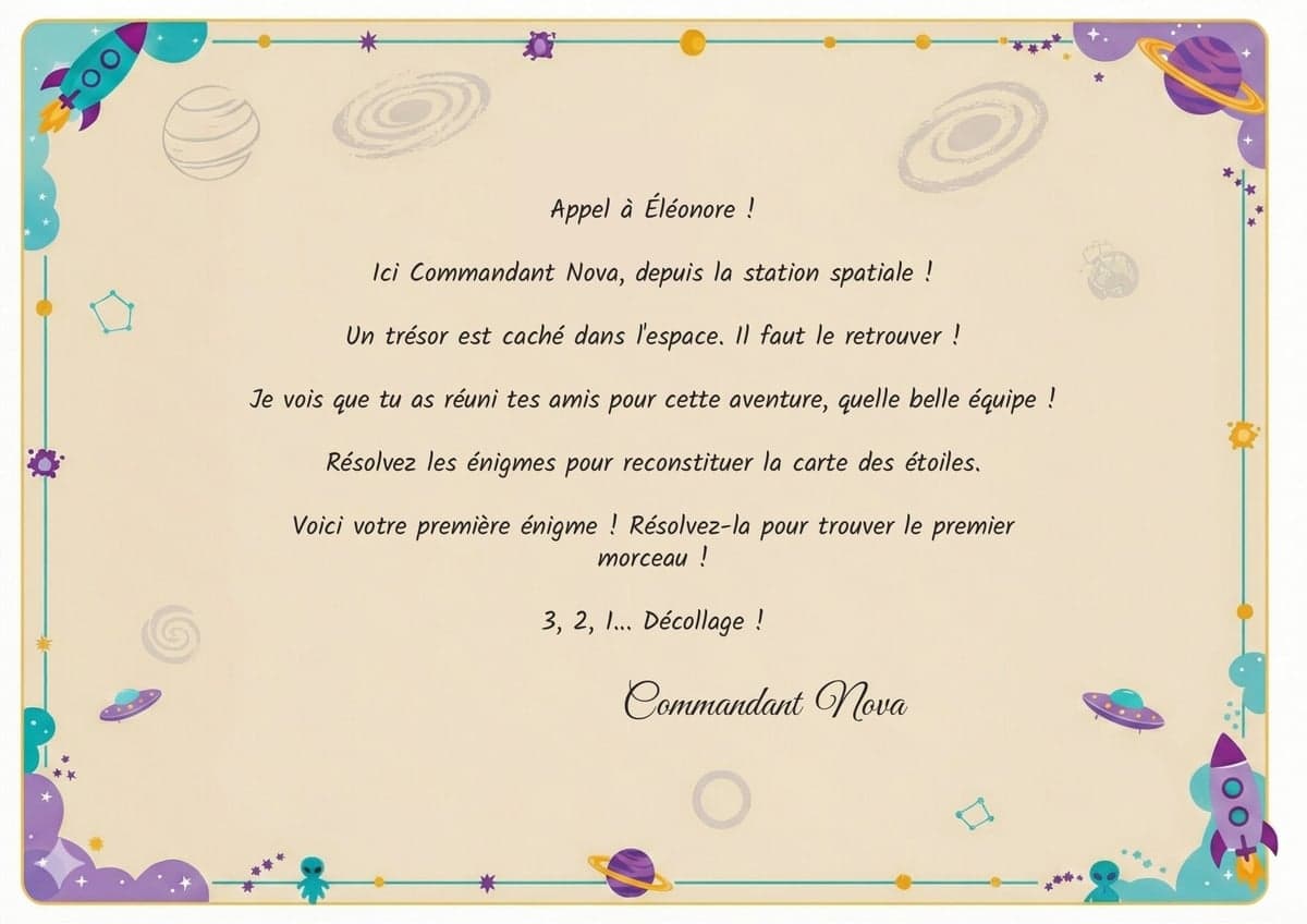 Lettre de mission de la chasse au trésor, thème Espace & Astronautes, 4-6 ans