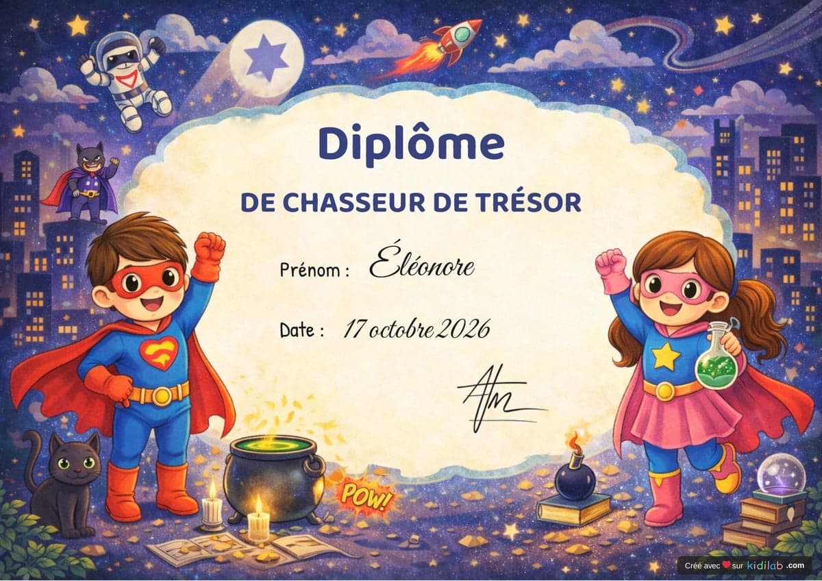 Diplôme de chasseur de trésor, thème Super-Héros, 4-6 ans