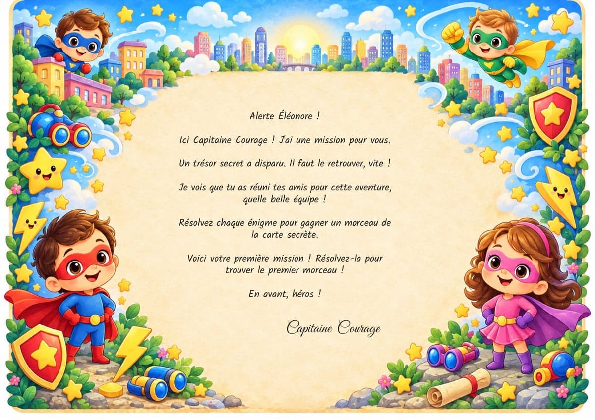 Lettre de mission de la chasse au trésor, thème Super-Héros, 4-6 ans