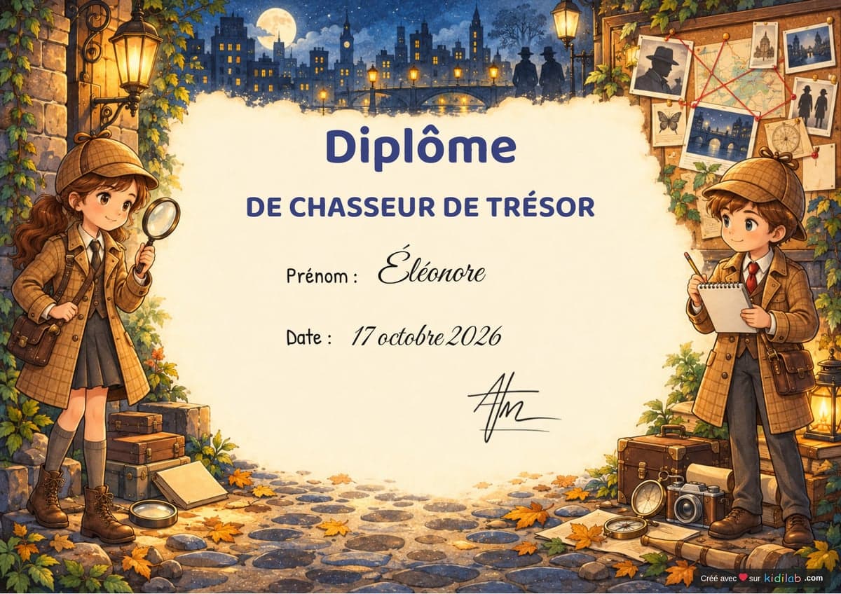Diplôme de chasseur de trésor, thème Détectives, 7-9 ans