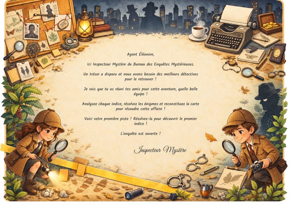 Lettre de mission de la chasse au trésor, thème Détectives, 7-9 ans