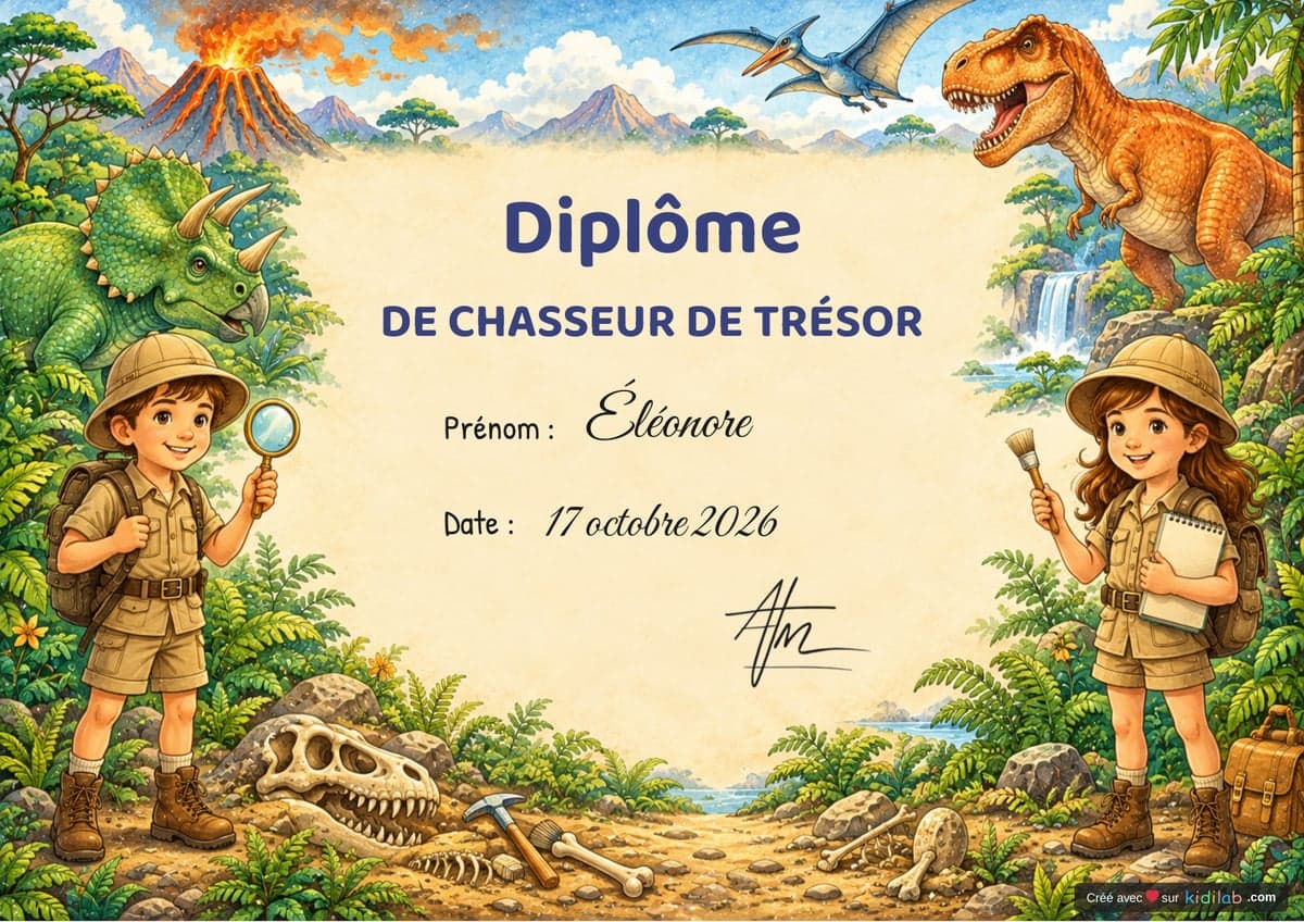 Diplôme de chasseur de trésor, thème Dinosaures, 7-9 ans