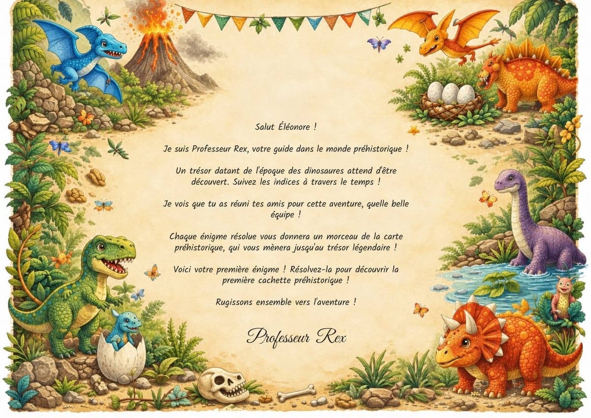 Lettre de mission de la chasse au trésor, thème Dinosaures, 7-9 ans