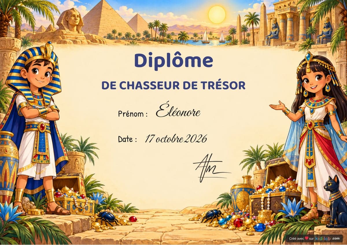 Diplôme chasse au trésor Égypte & Pharaons, 7-9 ans, à imprimer