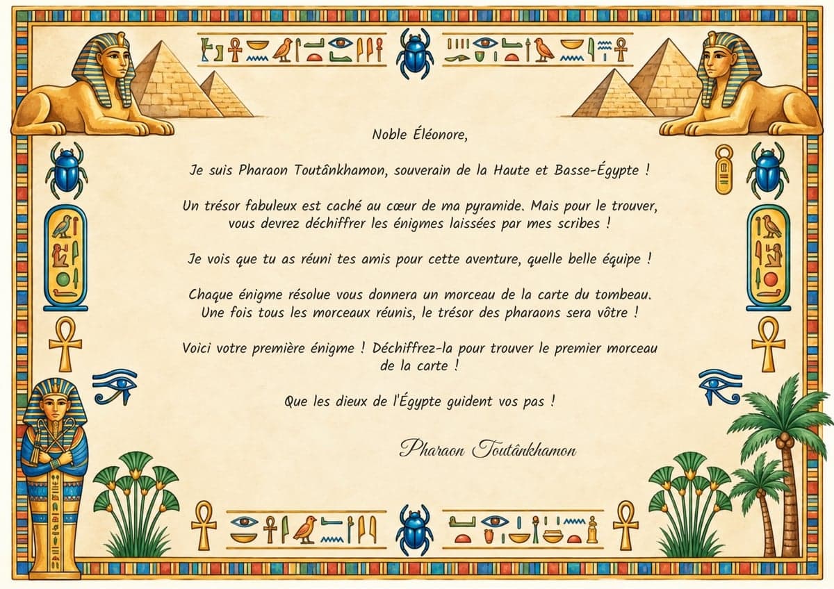 Lettre de mission chasse au trésor Égypte & Pharaons, 7-9 ans, à imprimer